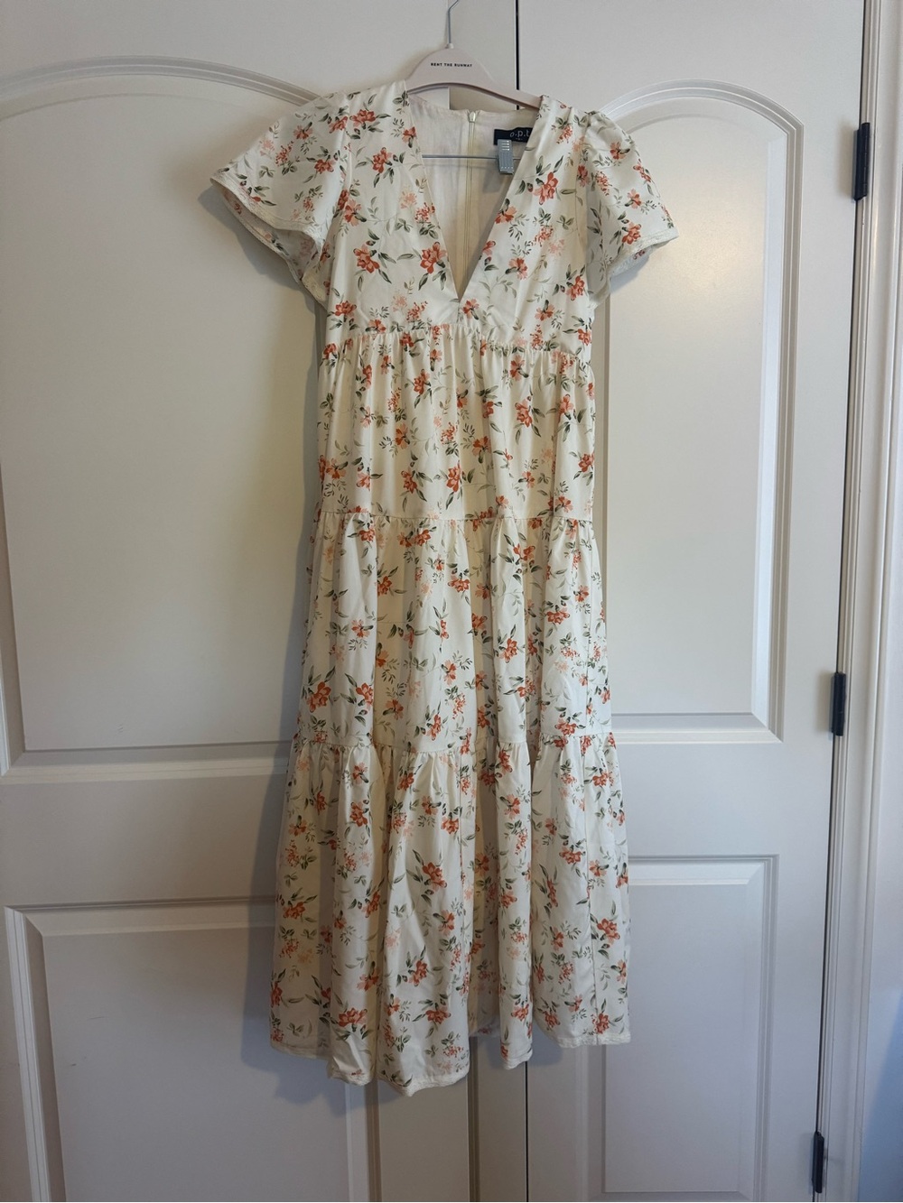 Cream Floral Tiered V-Neck Maxi Dress - Cream with Orange Floral